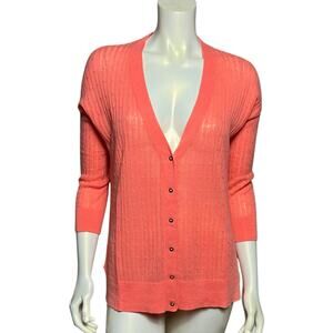 JCP Women's Coral Pink Ribbed Button Front Cardigan Sweater Cotton Blend Size M